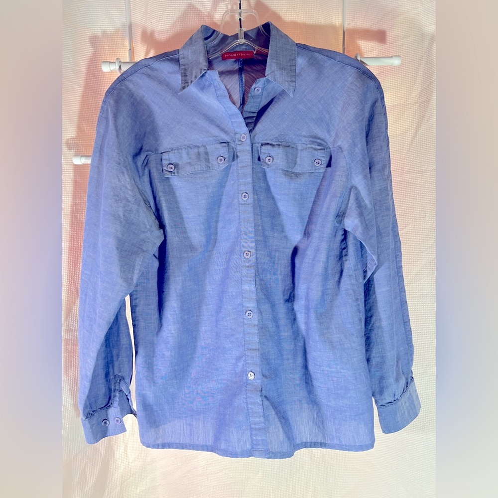 Vintage Halston III Blue Chambray Shirt Fold Over Pockets Button Sz 6 Designer